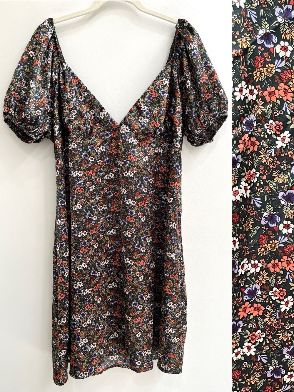 Altar’d State dark moody floral satin mini dress puff sleeves open back XXL